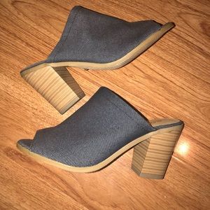 Denim mules with wood block heel OBO